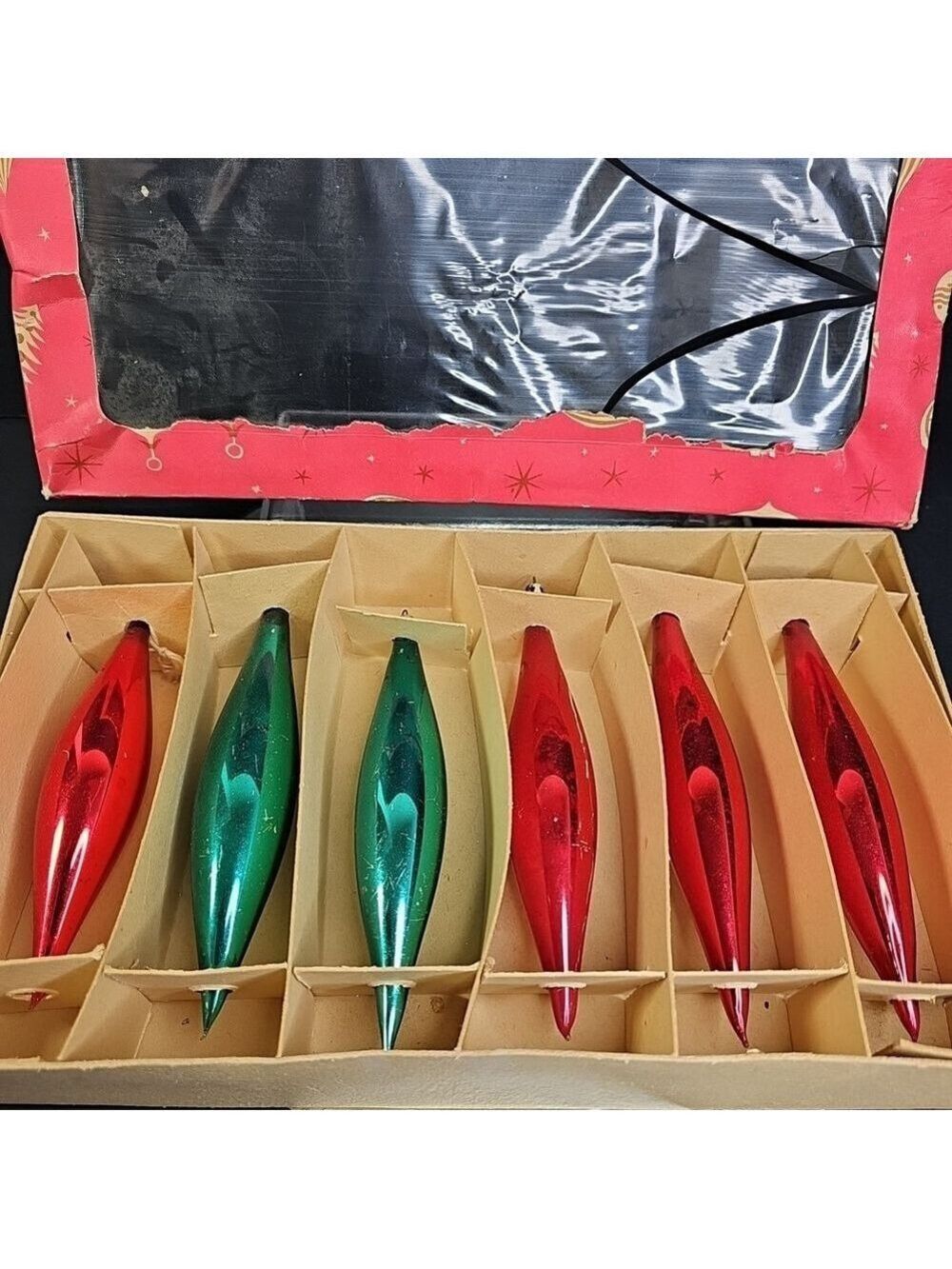 6 Poland Teardrop Oblong Glass Christmas Ornaments Red Green Baubles Vintage Box